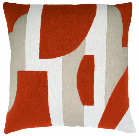 Judy Ross Textiles Hand-Embroidered Chain Stitch Composition Throw Pillow oyster/coral/cream