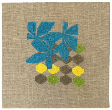 Judy Ross Textiles Hand-Embroidered Linen Fauna Lattice Panel peacock/grey/lemon/lime