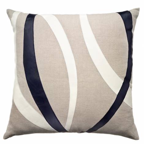 Judy Ross Textiles Embroidered Linen Loop Throw Pillow creaml leather/navy leather
