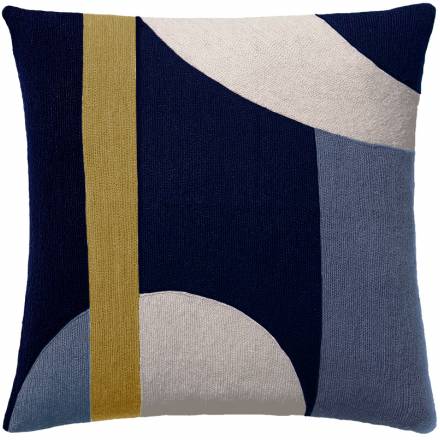 Judy Ross Textiles Hand-Embroidered Chain Stitch LUNA Throw Pillow navy/oyster/cornflower/curry
