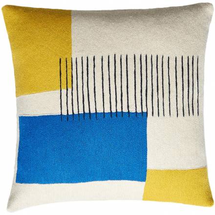 Judy Ross Textiles Hand-Embroidered Chain Stitch Level Throw Pillow cream/yellow/navy/marine