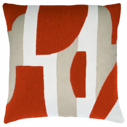 Judy Ross Textiles Hand-Embroidered Chain Stitch Composition Throw Pillow oyster/coral/cream