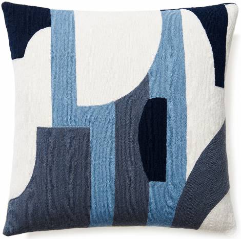 Judy Ross Textiles Hand-Embroidered Chain Stitch Composition Throw Pillow cream/cornflower/slate/navy