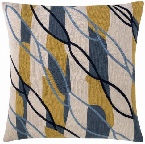 Judy Ross Textiles Hand-Embroidered Chain Stitch Passage Throw Pillow oyster/slate/curry/navy/cornflower