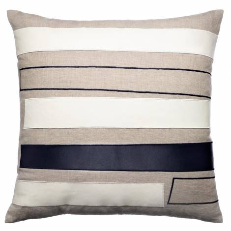 Judy Ross Textiles Embroidered Linen Bars Outlined Throw Pillow cream leather/navy leather