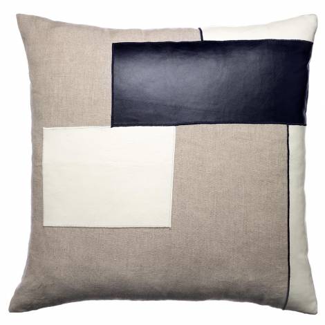 Judy Ross Textiles Embroidered Linen Block Throw Pillow cream leather/navy leather