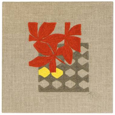 Judy Ross Textiles Hand-Embroidered Linen Fauna Lattice Panel red/grey/lemon