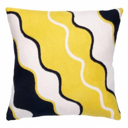 Judy Ross Textiles Hand-Embroidered Chain Stitch Giftwrap Throw Pillow cream/yellow/navy