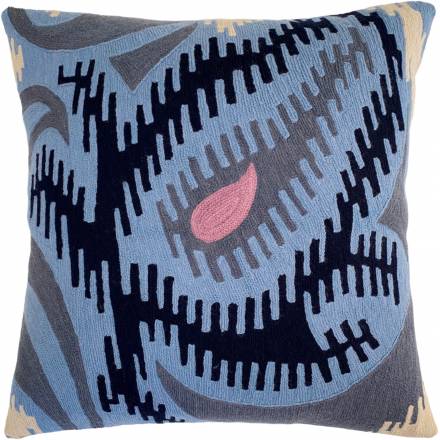 Judy Ross Textiles Hand-Embroidered Chain Stitch Paisley Throw Pillow cornflower/navy/slate/oyster/lilac