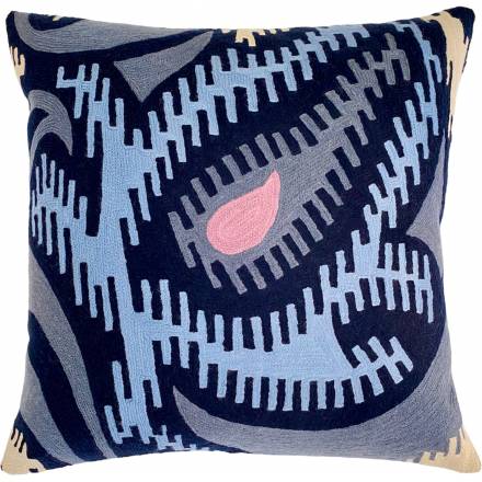 Judy Ross Textiles Hand-Embroidered Chain Stitch Paisley Throw Pillow navy/cornflower/slate/oyster/lilac