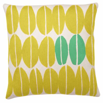 Judy Ross Textiles Hand-Embroidered Chain Stitch Seeds Throw Pillow cream/yellow/pistachio